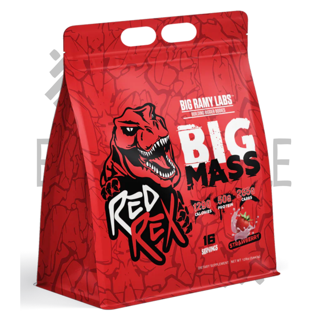 ريد ريكس بيج ماس جينر 12lb من Big Ramy Labs – نكهة الفراولة – ماس جينر عالي السعرات 16 حصة