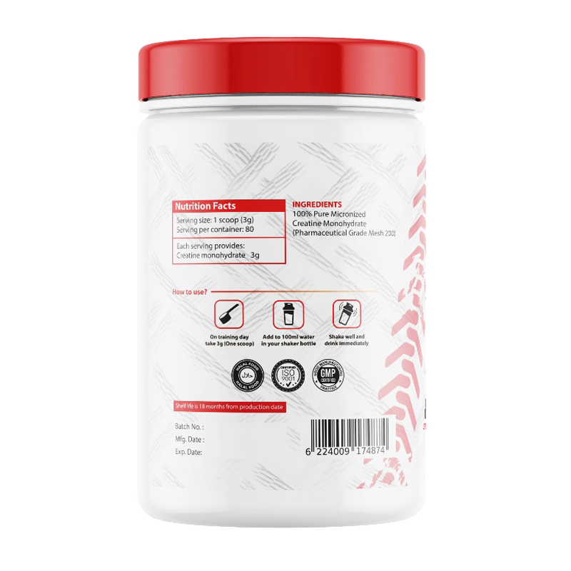 صورة توضح عبوة كرياتين تراكتور مونوهيدريت 240 جرام، والتي تحتوي على 80 جرعة من الكرياتين النقي. يُستخدم هذا المكمل لتحسين الأداء الرياضي وزيادة القوة العضلية.