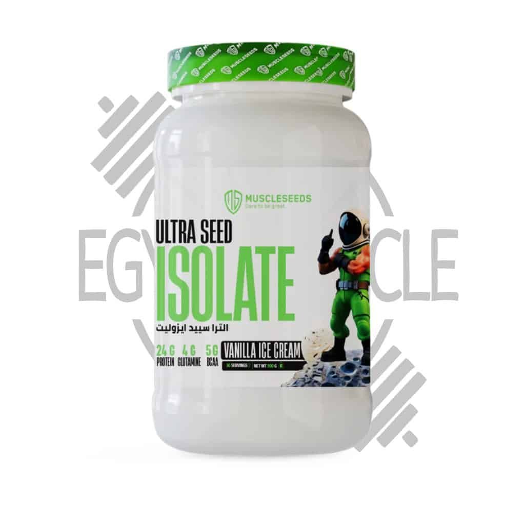 عبوة MuscleSeeds Ultra Seed Isolate نكهة فانيليا – 900 جم | 30 جرعة – بروتين أيزوليت نقي 24 جم بروتين، 4 جم جلوتامين، 5 جم BCAA