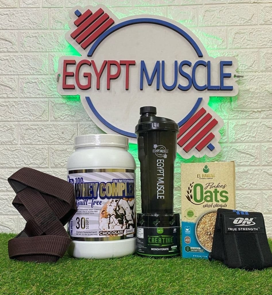 بوكس تنشيف من Egypt Muscle يحتوي على واي بروتين، كرياتين مونوهيدريت، شيكر، شوفان، ومدعم ريست – عرض مميز للتنشيف العضلي