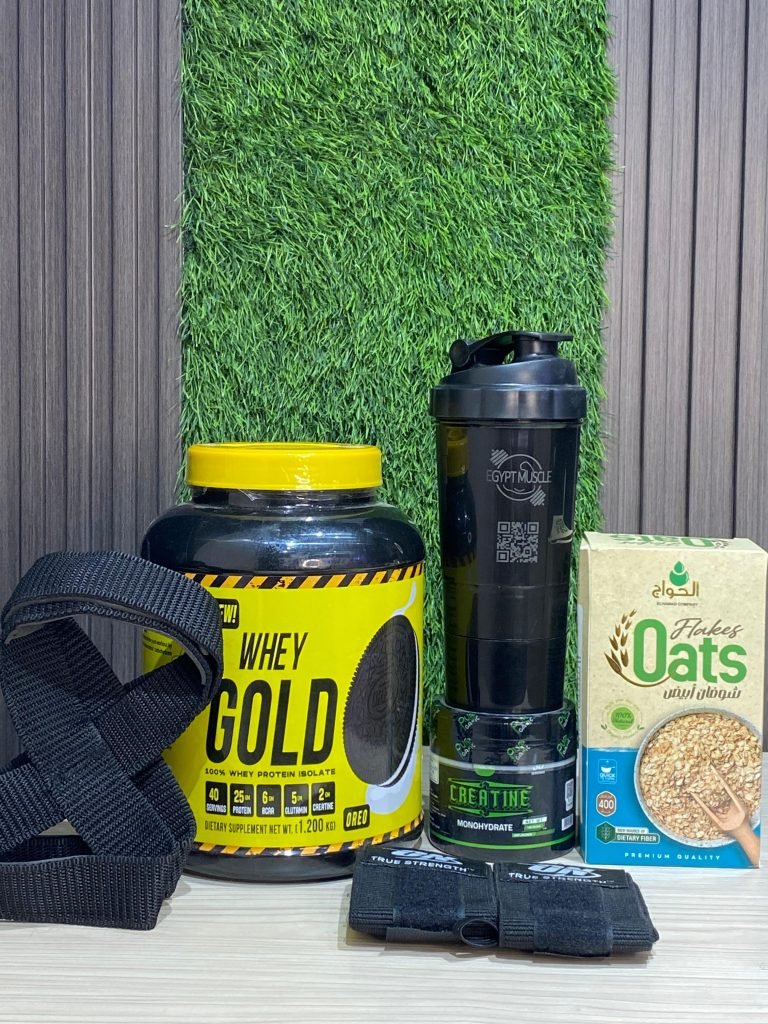 بوكس تنشيف 3 – واي جولد ايزوليت + كرياتين + شوفان + شيكر + دعم تمارين