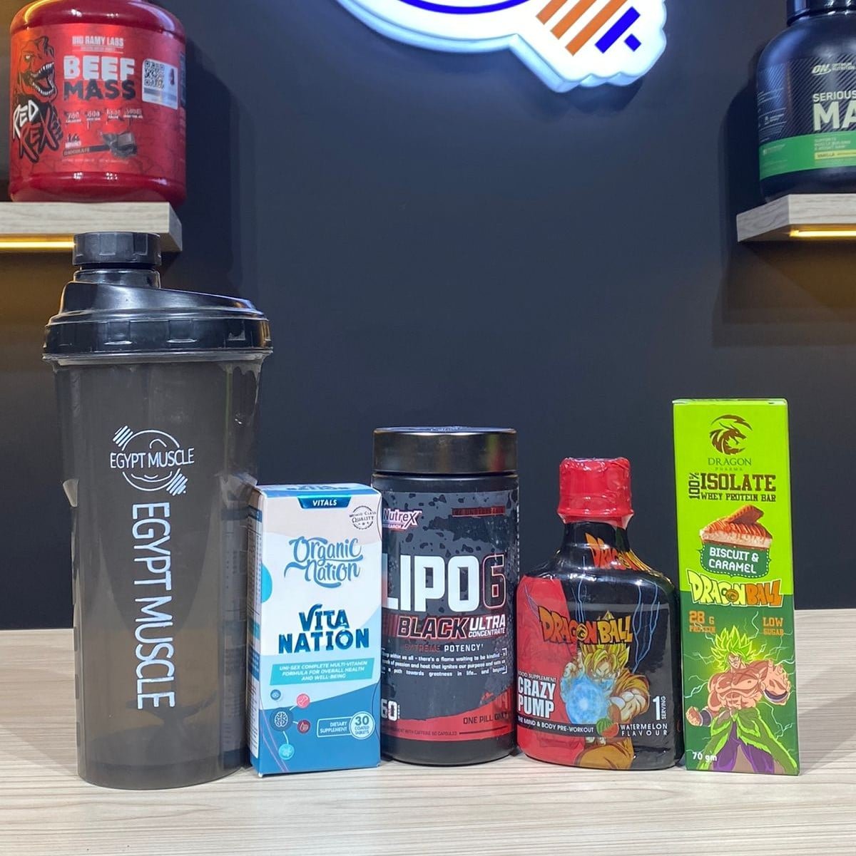 Fat Burning Box by Egypt Muscle – Lipo 6, Vita Nation, Dragon Ball Shot, Protein Bar, and Free Shaker