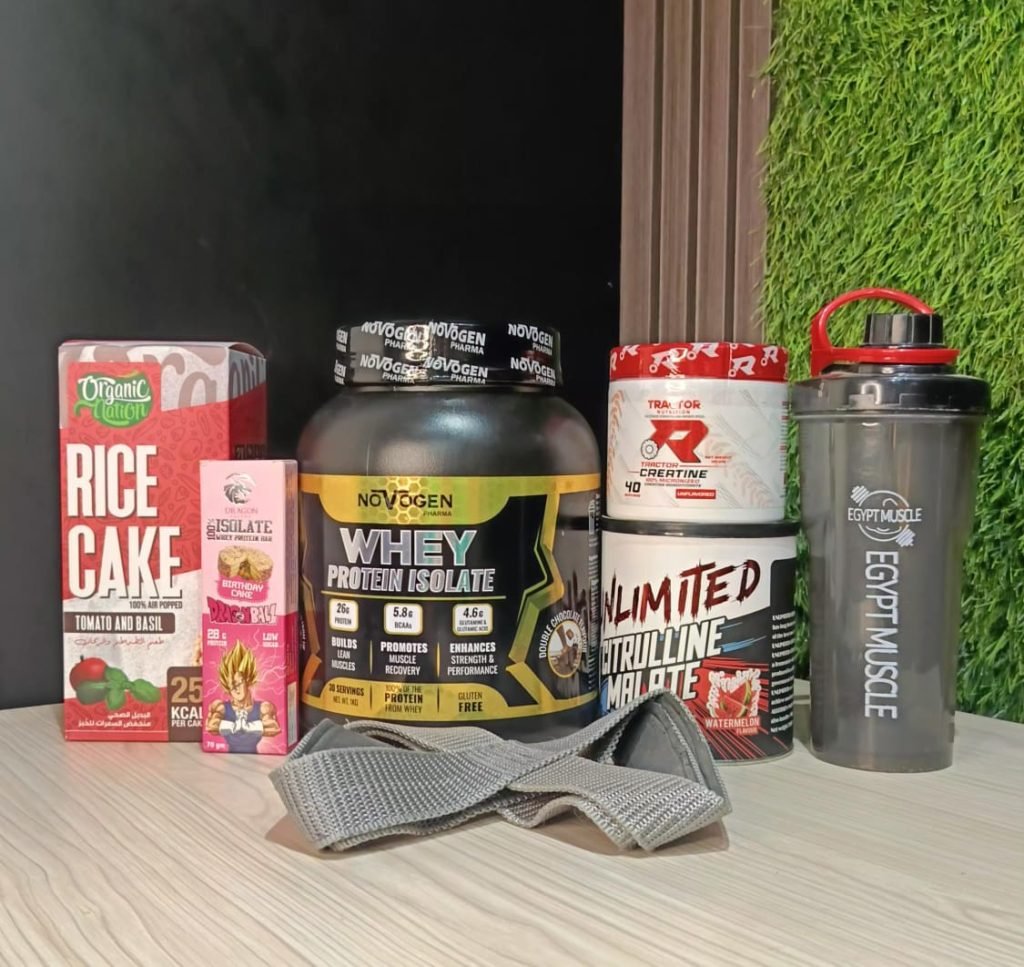 عرض مكملات إيچيبت ماصل: واي بروتين نوفاجين 1 كجم + سيترولين 100 جرعة + كرياتين تراكتور + شيكر + شداد + رايس كيك + بروتين بار