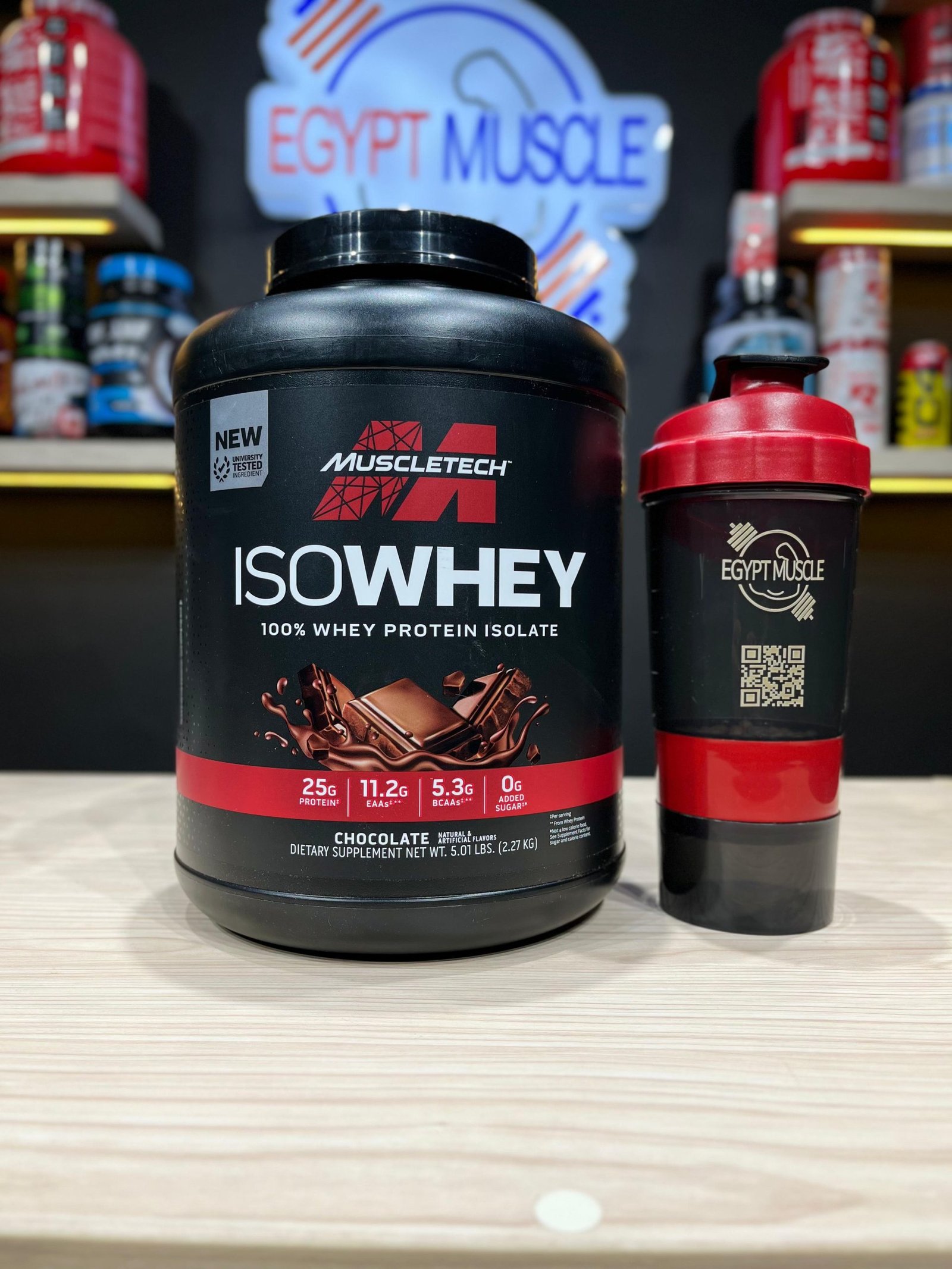 MuscleTech IsoWhey Chocolate product shot at Egypt Muscle store with shaker