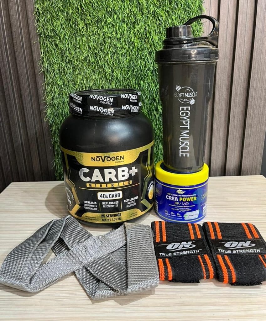 عرض مكملات الضخامة الألمانية – كرياتين كريا باور وكارب نوفاجين مع شيكر Egypt Muscle وشداد ومدعم ريست – مصر